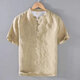 完君純色亞麻立領(lǐng)短袖襯衫男士工裝夏季新款簡(jiǎn)約棉麻時(shí)尚青年休閑襯衣 卡其色 M 80-105斤