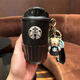 星巴克杯子不銹鋼水杯保溫杯企鵝杯隨手杯咖啡杯車載杯 黑銀＋小熊掛墜