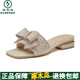 啄木鳥真皮粗跟涼拖鞋女外穿2025夏新款溫柔仙女風(fēng)配裙子水鉆一字拖露趾 白色 35