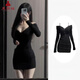 夏雨瑤純欲性感蕾絲長(cháng)袖連衣裙女秋季新款小眾設計感修身掐腰包臀短裙子 黑色短裙 M