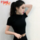 FSHE半高領(lǐng)高腰上衣短款t恤女短袖韓范緊身2025年夏裝新款修身漏肚臍 短款T恤黑色 S （100斤內拍）