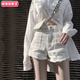 柏潮小個(gè)子夏季新款臟粉色卷邊高腰闊腿熱褲顯瘦百搭牛仔短褲女潮 白色 8885 3XL 【建議140-160斤】