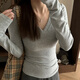 妙奕嘉打底衫女長(cháng)袖t恤女士純欲辣妹2025秋冬新款v領(lǐng)內搭可外穿上衣 灰色V領(lǐng)正肩長(cháng)袖t恤 L 【建議100-120斤】