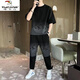 啄木鳥（TUCANO） 夏季T恤短袖套裝男士漸變韓版潮流時(shí)尚寬松學(xué)生休閑運(yùn)動(dòng)一套搭配 黑色661【長褲套裝】 XL 【120-135斤】