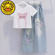 G·DUCK KIDS小黃鴨女童牛仔褲套裝2025夏季新款時(shí)髦闊腿褲短袖兩件套女大童 白色短袖+牛仔褲 140