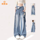 派吉鯊韓系闊腿牛仔褲女2026秋季新款設計感可愛(ài)貼布工裝高腰寬松直筒褲 淺藍色 XL 130斤-140斤