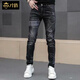 才俏歐洲站高端黑色牛仔褲男士秋冬刺繡印花彈力修身型百搭小腳褲子男 9287牛仔褲 30