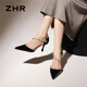 ZHR鉚釘高跟鞋女氣質(zhì)尖頭名媛風(fēng)細(xì)跟單鞋性感包頭涼鞋女 IE02 黑色38