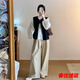 芭瑾圖兩件/套裝韓系復(fù)古牛仔馬甲背心+刺繡襯衫+寬松休閑高腰闊腿褲女 三件套馬甲+襯衫+褲子 XL
