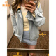 派吉鯊美式復(fù)古撞色翻領(lǐng)棒球服外套女春秋2025新款寬松學(xué)院風(fēng)麂皮絨夾克 淺藍(lán)色 M