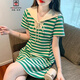 AEMAPE2025年夏季新款海軍領(lǐng)條紋連衣裙女裝小個(gè)子寬松短裙氣質(zhì)T恤裙子 綠色條紋 L 建議110-120斤