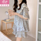 浪莎（LangSha）睡衣女2025夏季新款春秋碎花開衫甜美少女短袖夏天外穿家居服套裝 M1283藍 【主圖款】 L 【推薦100-120斤穿】