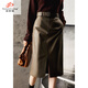 范哲狼2025秋冬新款綿羊皮真皮皮裙過(guò)膝a字裙高腰中長(cháng)款包臀裙半身裙女 深棕色 M