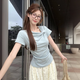 衣然呈品設(shè)計感扭結(jié)短袖T恤女夏季新款不規(guī)則褶皺別致收腰正肩上衣打底衫 藍(lán)色 M 【建議95-110斤】