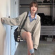 麓格立拼接假兩件襯衫衛(wèi)衣女 2025年新款灰色韓系寬松慵懶風(fēng)polo領(lǐng)上衣 灰拼藍(lán)L【105-120斤】