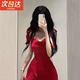 JIOESC紅色連衣裙女高級感夏季2024新款女裝純欲短裙修身緊身吊帶紅裙子 紅色高級復古短裙 M 碼90-105斤