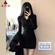 夏雨瑤V領(lǐng)緊身包臀裙春秋內搭黑色針織長(cháng)袖連衣裙女純欲打底裙A御姐短裙 黑色【常規】甜辣風(fēng) L 【建議115斤-125斤】