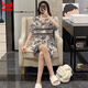 貓人（MiiOW）2025年新款睡衣女夏季冰絲短褲女士家居服水墨畫短袖長褲三件套 ZS2014[短袖短褲] XL [建議115-135斤]