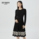 深呼吸DEEP BREATH女裝圓領(lǐng)拼色提花針織連衣裙高腰傘裙A500279 黑 XL (5)