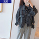 羅蒙（ROMON）  牛仔短外套女春秋裝2022年新款百搭寬松韓版小個(gè)子夾克上衣潮 黑灰色 常規(guī) XL 130-145斤