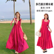 斤慕2025春夏新多巴胺三亞海南海邊度假風(fēng)吊帶連衣裙女甜辣露肩沙灘裙 綁帶長裙玫紅色L碼建議100-120斤