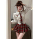 茉衣雅（MOYIYA）春秋季學(xué)院風(fēng)套裝女jk制服長(cháng)袖收腰短款上衣女高腰半身褲裙兩件套 襯衫+格子裙褲兩件套送領(lǐng)帶 S