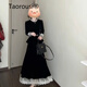TAOROUSI連衣裙女春秋季新款女裝蕾絲拼接長袖打底衫高腰長裙子時尚套裝 黑色 S
