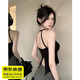 Qbily 吊帶背心女 純欲辣妹美背女設(shè)計感短款后開叉上衣內(nèi)搭外穿吊帶 帶胸墊【黑色】M碼 80-120斤