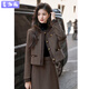 麥潮尚百搭款式2025春秋韓版時(shí)尚單排扣毛呢短外套兩件套女中長(cháng)款半身裙 深棕色上衣+半身裙兩件套 S 斤以?xún)? title=