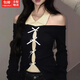 緋垚針織衫女上衣純欲辣妹不規(guī)則翻領(lǐng)長袖t恤春秋新款假兩件修身收腰 【黑色-均碼】