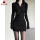 夏雨瑤針織連衣裙女春秋新款修身性感辣妹穿搭毛衣包臀短裙子長(cháng)袖女裝 黑色【常規款】 L 建議105-115斤