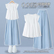 OVE女童夏裝套裝洋氣時(shí)髦2025新款兒童女大童夏季薄款褲裙短袖兩件套 2170藍色+9992白色 140 140cm