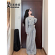 艾美琦美（AIMEIQIMEI）2025新款休閑運動(dòng)套裝闊腿褲春季寬松顯瘦灰色斜肩衛衣女裝兩件套 灰色兩件套 M
