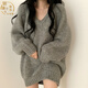 鏡渝先生毛線(xiàn)衣女寬松V領(lǐng)大毛衣女春秋裝顯瘦百搭中長(cháng)款慵懶風(fēng)針織衫外穿 灰色 L
