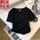 JEZE正肩短袖t恤女夏2025新款洋氣紐扣百搭韓版收腰修身顯瘦打底上衣 黑色 M 【建議80-100斤】