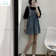 琳璽 LINXI 面料牛仔背帶褲女新款夏季寬松顯瘦闊腿吊帶褲短褲洋氣褲子潮E 淺藍(lán)色 S 90以內(nèi)