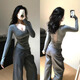 LDBE辣妹純欲蕾絲拼接v領(lǐng)長(zhǎng)袖t恤女2025新款修身內(nèi)搭磨毛打底衫上衣春 灰色 S