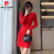 皮爾卡丹（pierre cardin）配大衣內搭打底包臀裙子2026秋冬新款純色麻花加厚毛衣針織連衣裙 紅色 3XL