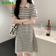FSHE夏季舒適顯瘦慵懶風(fēng)POIO領(lǐng)條紋連衣裙2025新款夏季休閑寬松裙子潮 杏色 L 建議105-115斤