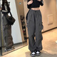 Jret美式復古嘻哈hiphop直筒束腳工裝褲女高腰顯瘦多口袋運動(dòng)休閑褲子 灰色[夏季] 薄款 M