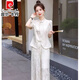 皮爾卡丹（pierre cardin）新中式國風(fēng)盤扣上衣套裝女夏季2025新款復(fù)古古典氣質(zhì)闊腿褲兩件套 白色 M 建議100-110斤