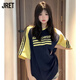 Jret三條桿拼接插肩短袖t恤女夏季情侶美式高街設計小眾上衣 藏青拼黃/版 M 86-105斤