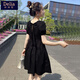 矜持范小個子連衣裙女夏季新款韓版中長款法式寬松方領(lǐng)赫本風(fēng)蝴蝶結(jié)裙子 黑色裙子 M 建議95-105