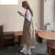 LISCN背帶連衣裙女2024夏季新款胖MM寬松休閑顯瘦遮肚兩件套大碼女裝 卡其色套裝 XL [115-150斤]