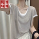 JEZE韓版夏季薄款U領(lǐng)短袖拼接上衣假兩件寬松顯瘦撞色新款t恤女 杏色【z】 XL 【建議120-140斤】
