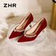 ZHR高跟鞋女中式秀禾婚紗鞋酒紅禮服細(xì)跟單鞋絨面新娘女鞋IG01紅色37