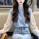 巧除韓版輕熟氣質(zhì)冷淡系感小上衣2025春秋時(shí)尚百搭顯瘦遮肚子長(cháng)袖襯衫 藍色襯衫 S 建議75-95斤