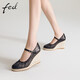 FED羊皮女鞋春季2025圓頭淺口麻繩增高坡跟單鞋女高跟通勤瑪麗珍鞋女 黑色 37