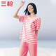 三槍夏季新款彩條冰泉棉休閑套裝女士短袖中褲圓領(lǐng)條紋涼爽家居服套裝 珊瑚粉條 XL /170/90