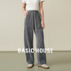 Basic House/百家好冬季加絨斜條紋休閑褲慵懶風(fēng)加厚高腰直筒褲女 灰色 L